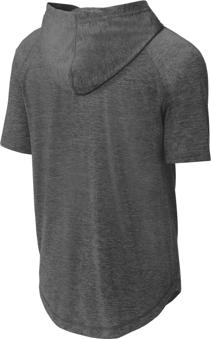 Rear View of Dark Grey Hthr Sport-Tek PosiCharge Tri-Blend Wicking Short Sleeve Hoodie. ST404