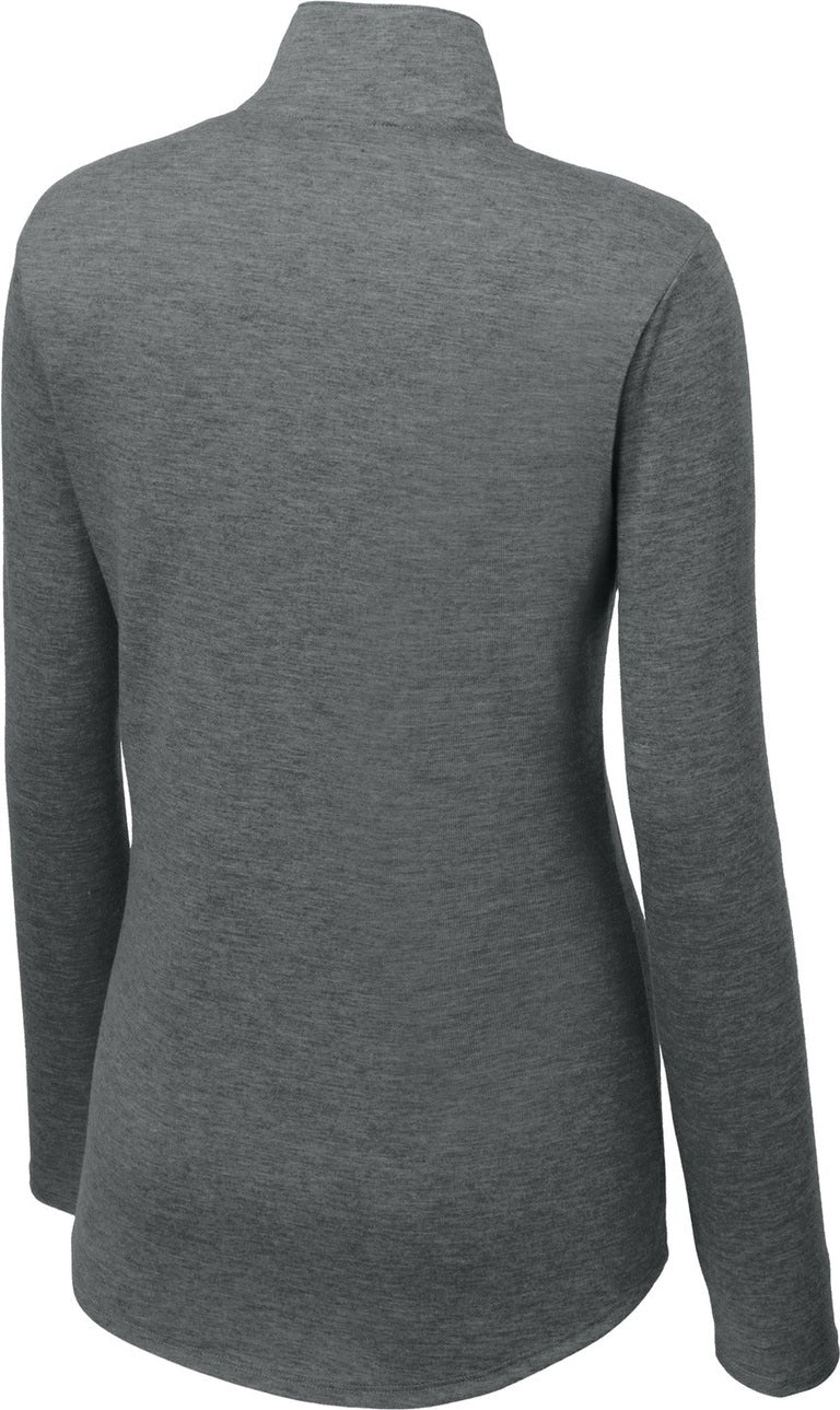Front View of Dark Grey Hthr Sport-Tek Women's PosiCharge Tri-Blend Wicking 1/4-Zip Pullover. LST407