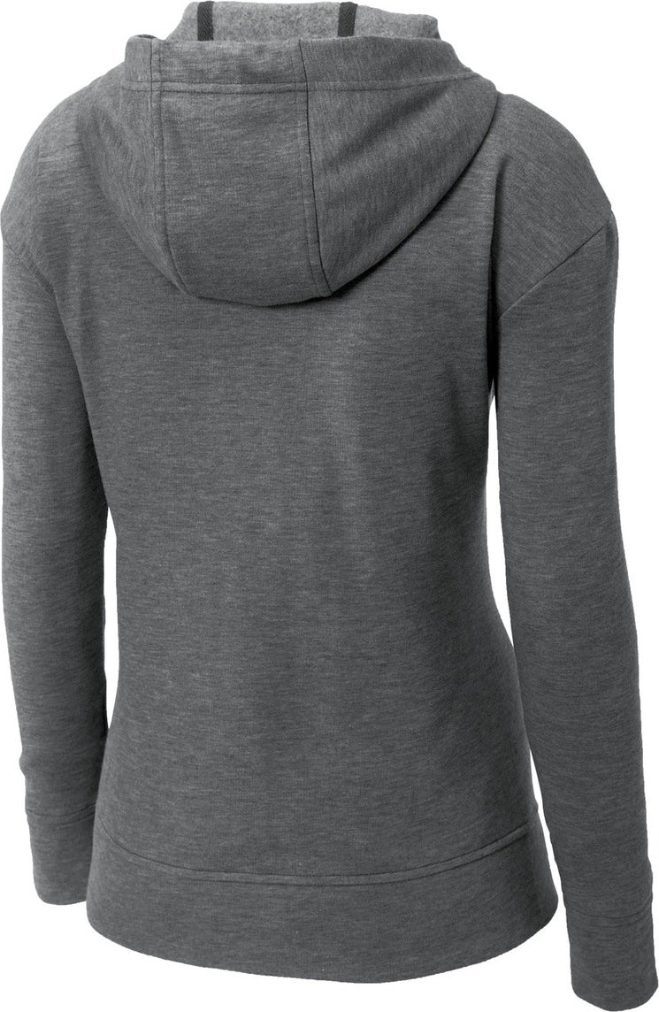 Front View of Dark Grey Hthr Sport-Tek Women's PosiCharge Tri-Blend Wicking Fleece Full-Zip Hooded Jacket LST293