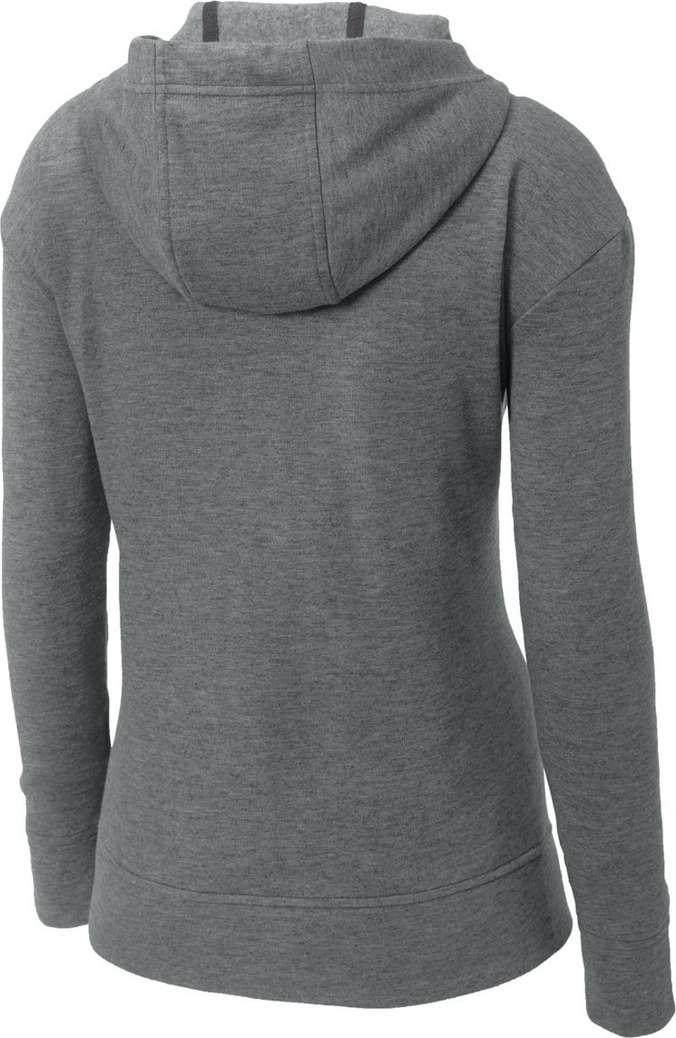 Rear View of Dark Grey Hthr Sport-Tek Women's PosiCharge Tri-Blend Wicking Fleece Full-Zip Hooded Jacket LST293