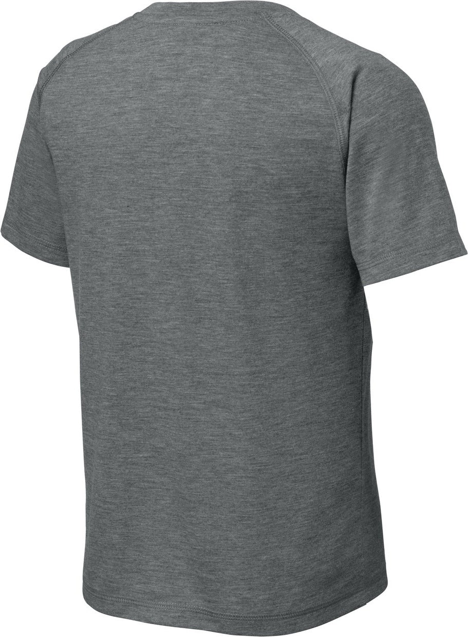 Front View of Dark Grey Hthr Sport-Tek Youth PosiCharge Tri-Blend Wicking Raglan Tee. YST400
