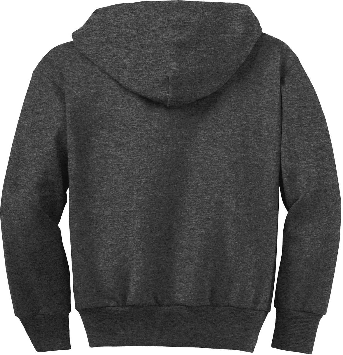 Front View of Dark Hthr Grey Port & Co Youth Core Fleece Full-Zip Hooded Sweatshirt. PC90YZH