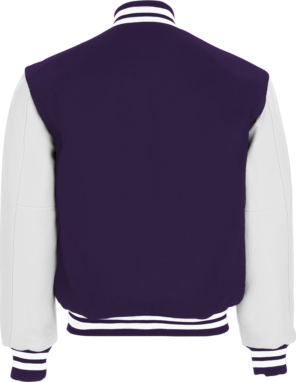 Rear View of DARK PURPLE/WHITE VARSITY WOOL JACKET