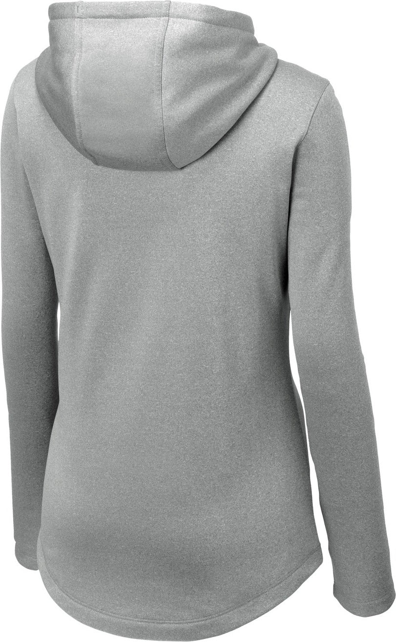Front View of Dark Silver He Sport-Tek Women's PosiCharge Sport-Wick Heather Fleece Hooded Pullover. LST264