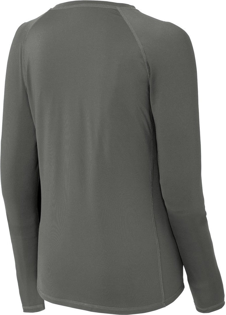 Front View of Dark Smoke Gry Sport-Tek Women's Long Sleeve Rashguard Tee. LST470LS