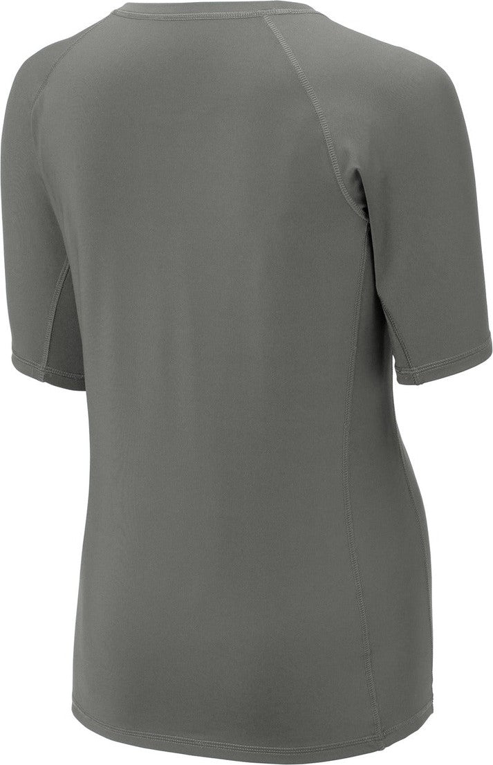 Front View of Dark Smoke Gry Sport-Tek Women's Rashguard Tee. LST470
