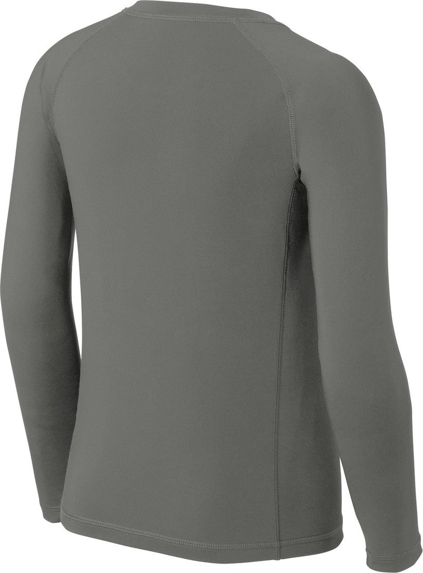 Front View of Dark Smoke Gry Sport-Tek Youth Long Sleeve Rashguard Tee. YST470LS