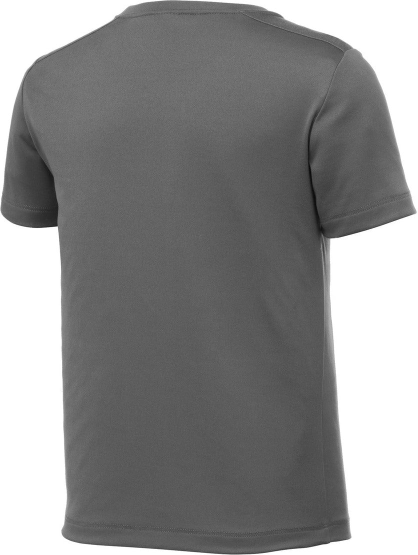Front View of Dark Smoke Gry Sport-Tek Youth Posi-UV Pro Tee. YST420