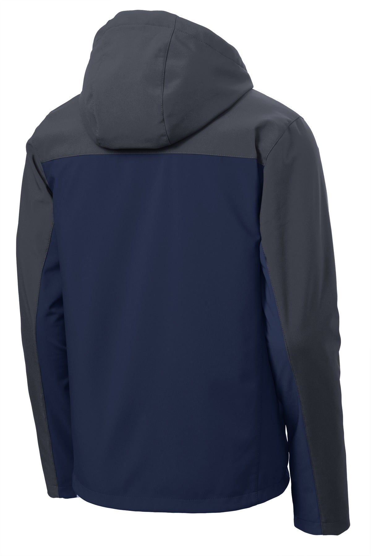 Front View of DB Nvy/Bat Gry Port Authority Hooded Core Soft Shell Jacket. J335