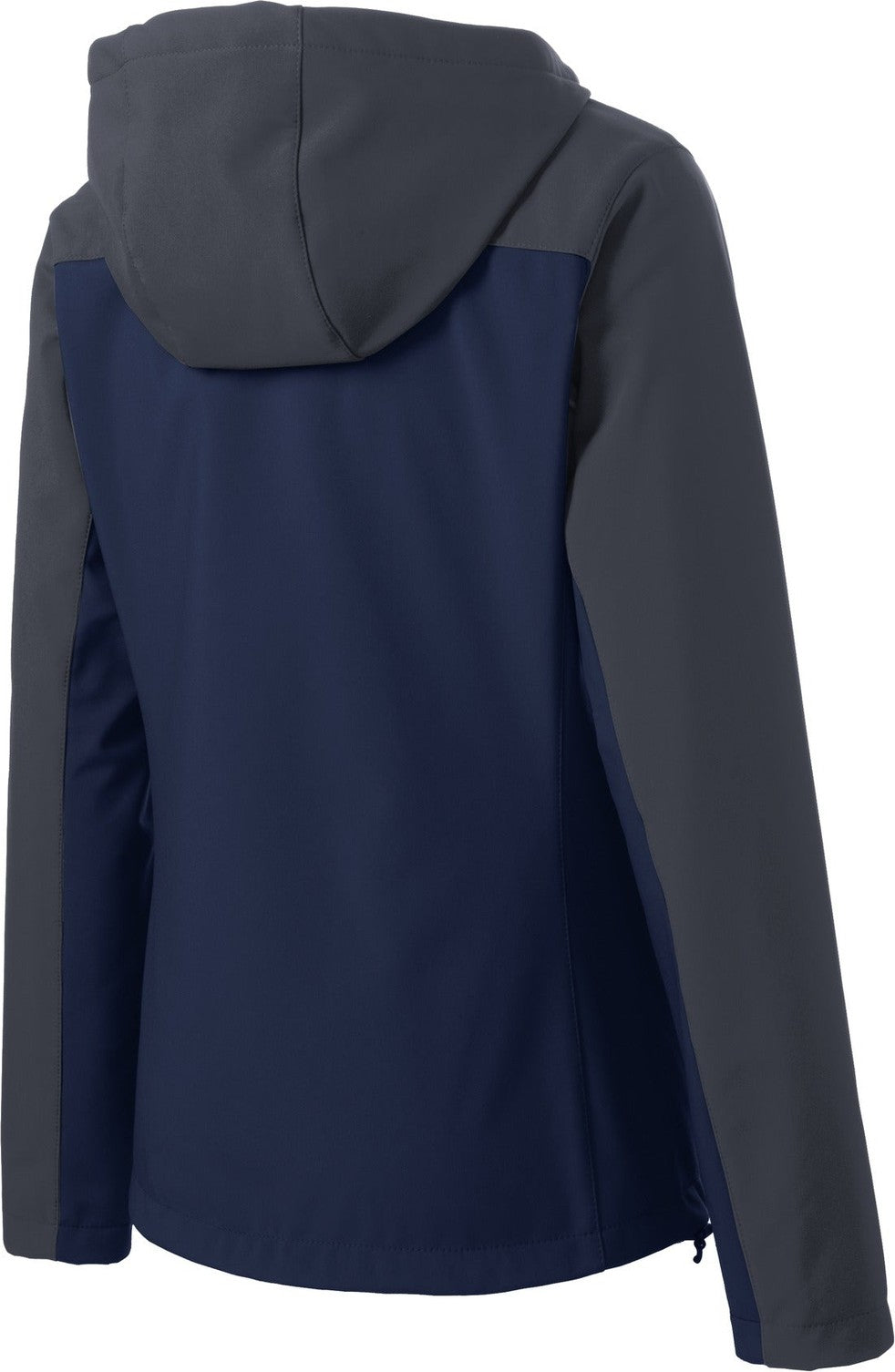 Rear View of DB Nvy/Bat Gry Port Authority Women's Hooded Core Soft Shell Jacket. L335