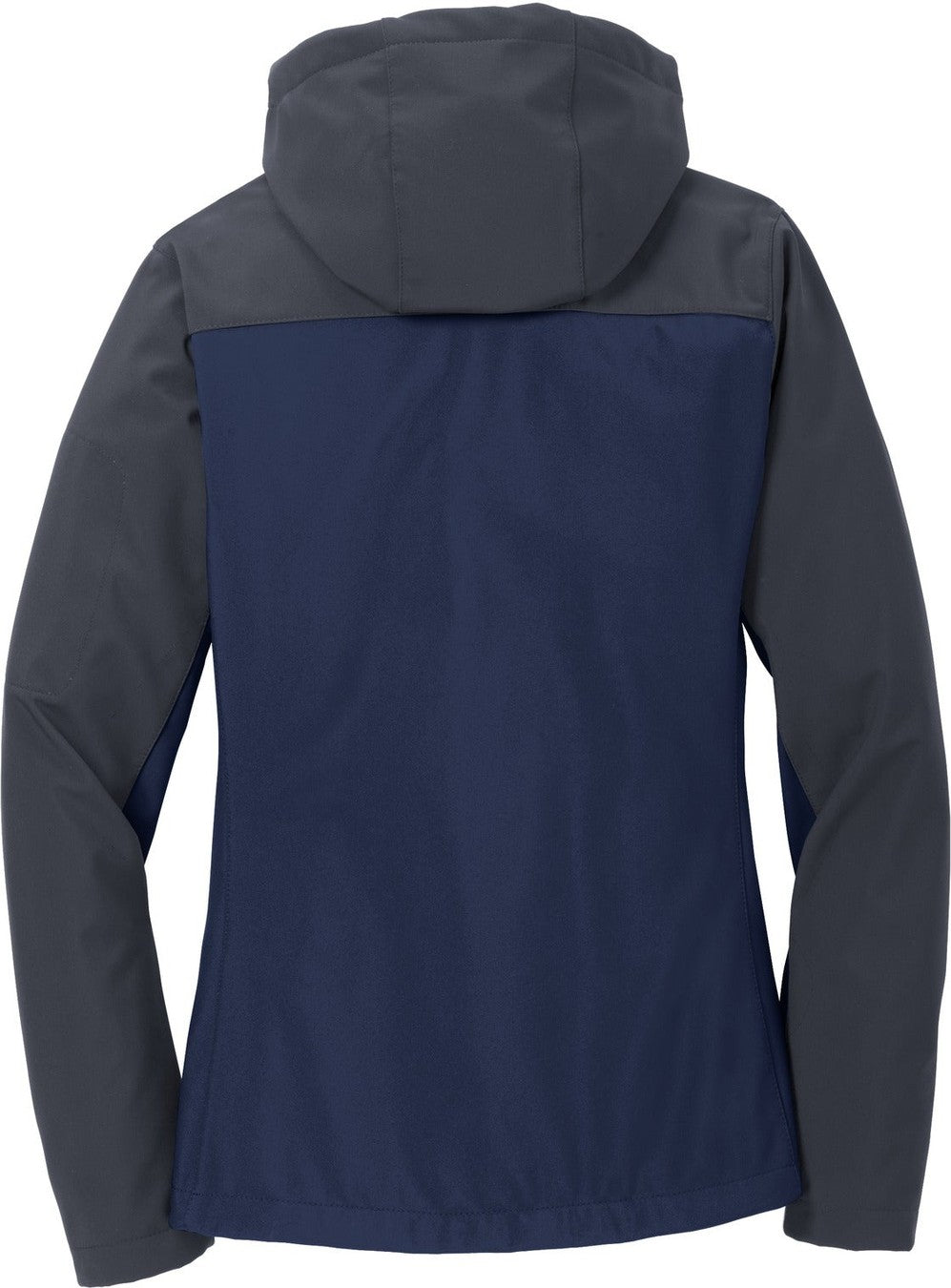 Rear View of DB Nvy/Bat Gry Port Authority Women's Hooded Core Soft Shell Jacket. L335