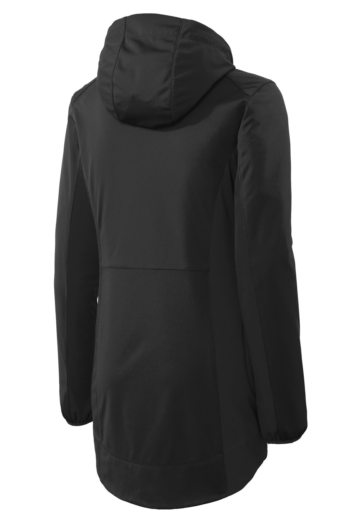 Rear View of Deep Black Port Authority Women's Active Hooded Soft Shell Jacket. L719