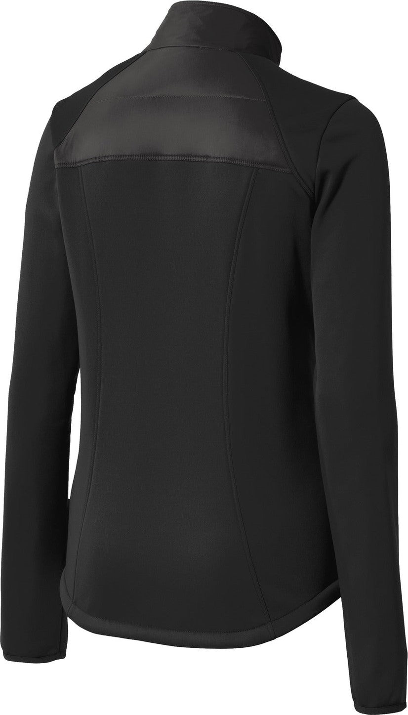 Rear View of Deep Black Port Authority Women's Hybrid Soft Shell Jacket. L787