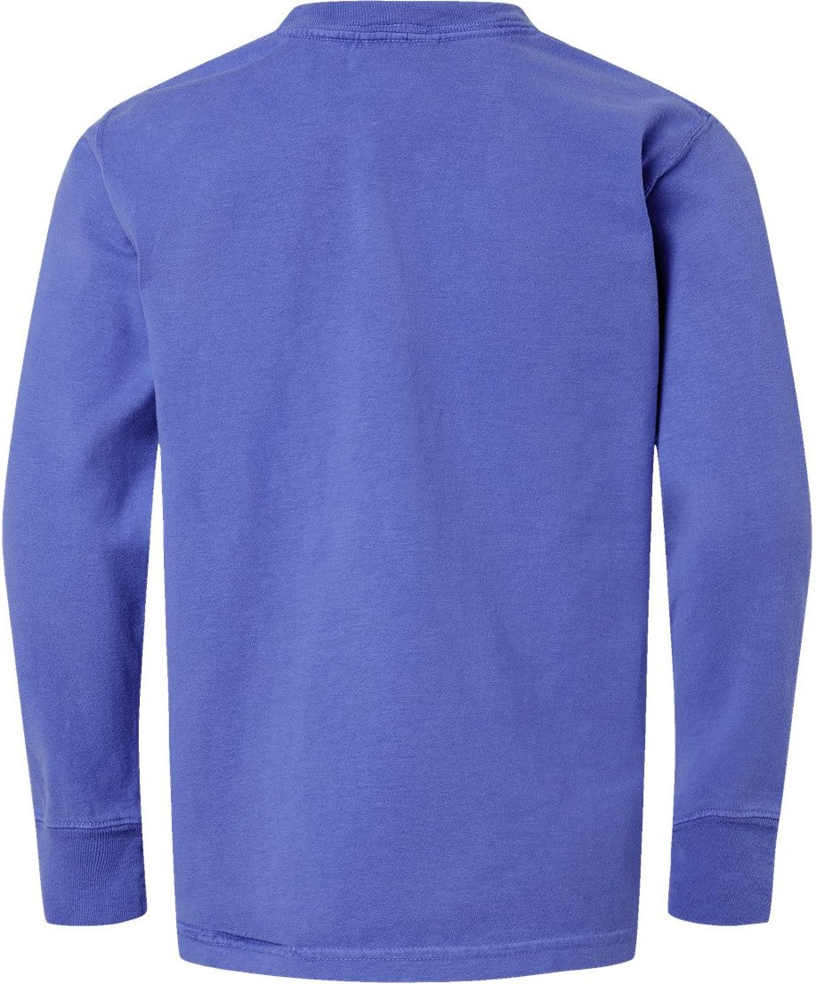 Front View of Deep Forte Blue Garment-Dyed Youth Long Sleeve T-Shirt - GDH275