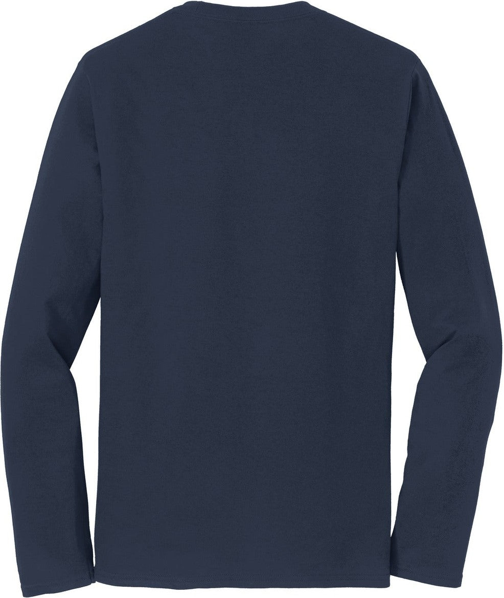 Rear View of Deep Navy Port & Co Long Sleeve Fan Favorite Tee. PC450LS