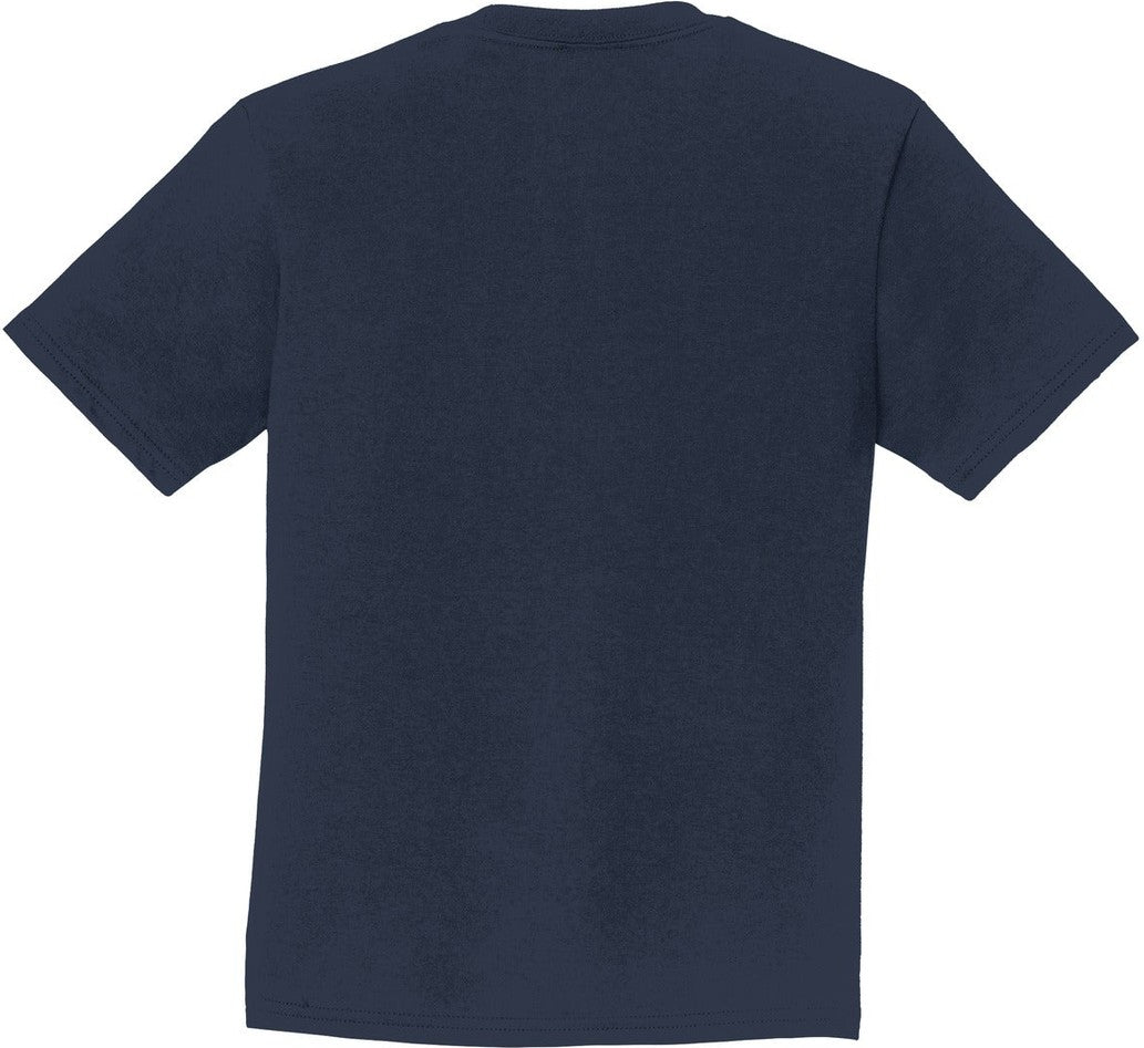 Front View of Deep Navy Port & Co Youth Fan Favorite Tee. PC450Y