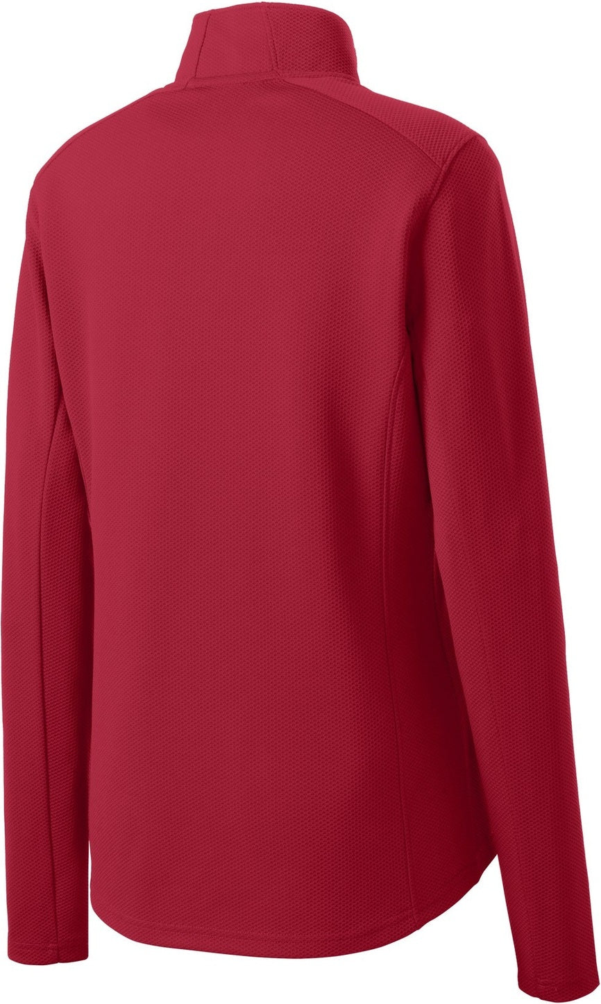 Rear View of Deep Red Sport-Tek Women's Sport-Wick Textured 1/4-Zip Pullover. LST860