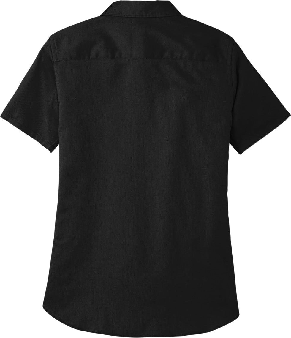 Front View of DeepBlack Port Authority Women's Short Sleeve SuperPro React Twill Shirt. LW809