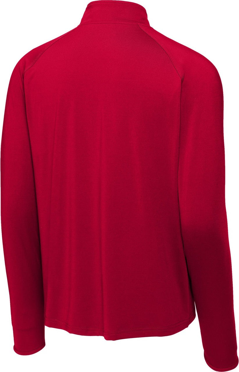 Rear View of DeepRed Sport-Tek Sport-Wick Stretch 1/4-Zip Pullover. ST850