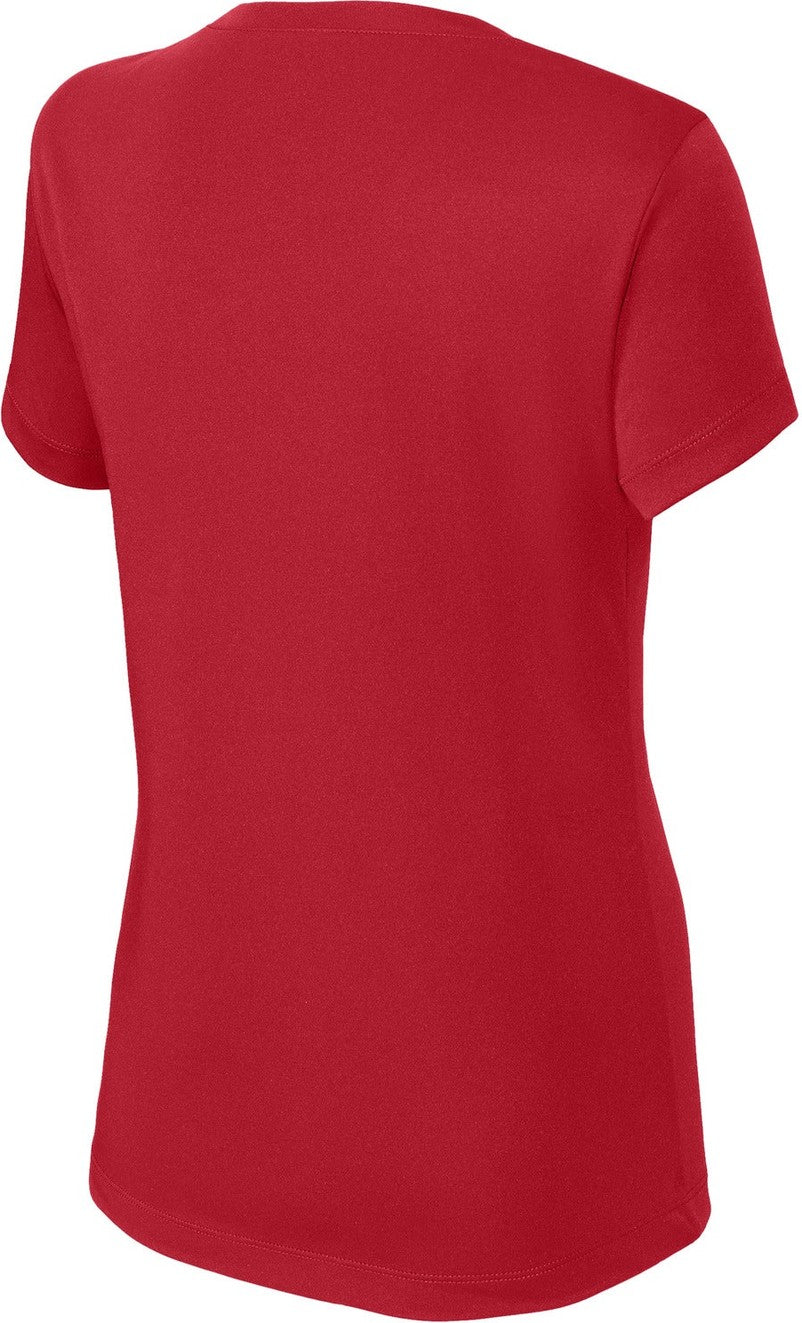 Rear View of DeepRed Sport-Tek Women's PosiCharge Competitor V-Neck Tee. LST353