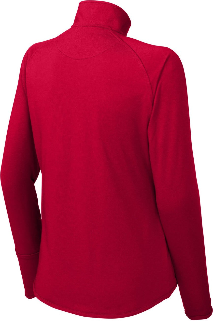 Front View of DeepRed Sport-Tek Women's Sport-Wick Stretch 1/4-Zip Pullover. LST850