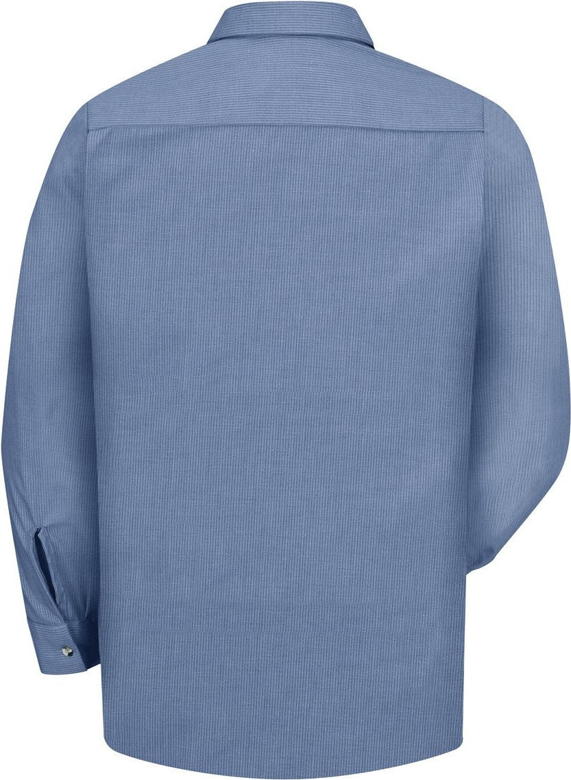 Front View of Denim Blue Microcheck Industrial Long Sleeve Work Shirt - Tall Sizes - SP14T