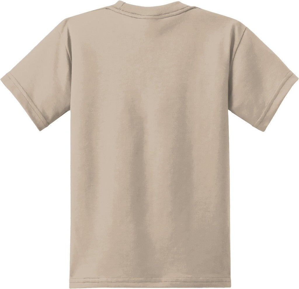 Front View of Desert Sand Port & Co Youth Core Blend Tee. PC55Y