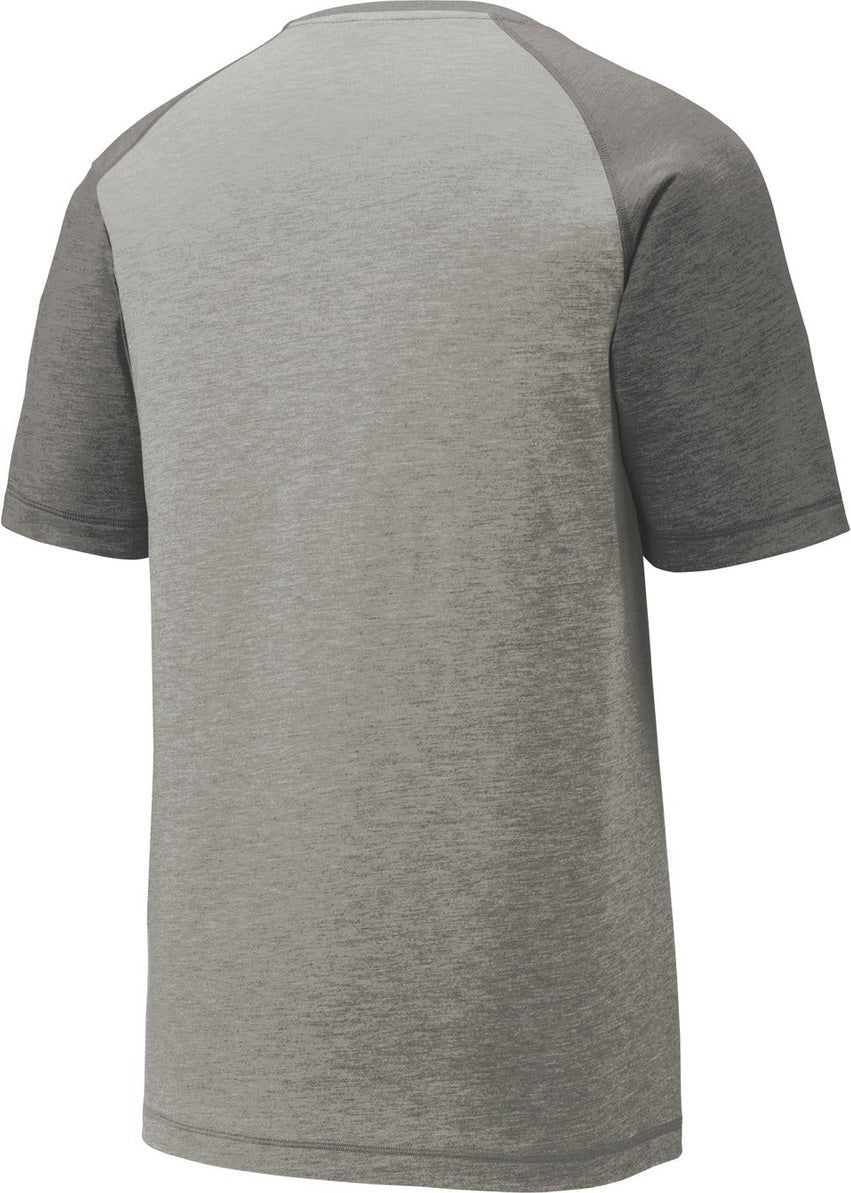 Rear View of Dk Gry He/LGH Sport-Tek PosiCharge Tri-Blend Wicking Raglan Tee. ST400
