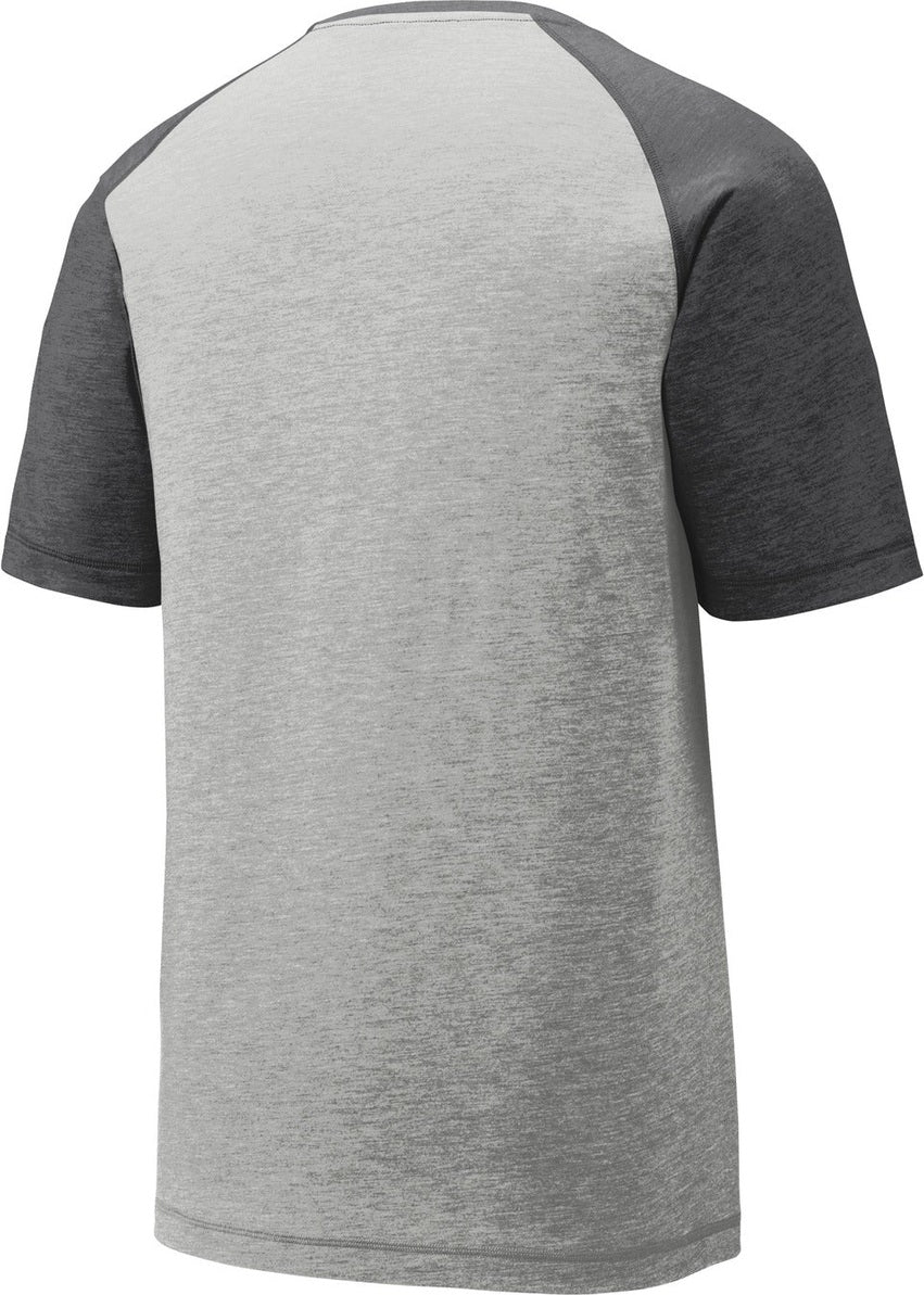 Rear View of Dk Gry He/LGH Sport-Tek PosiCharge Tri-Blend Wicking Raglan Tee. ST400
