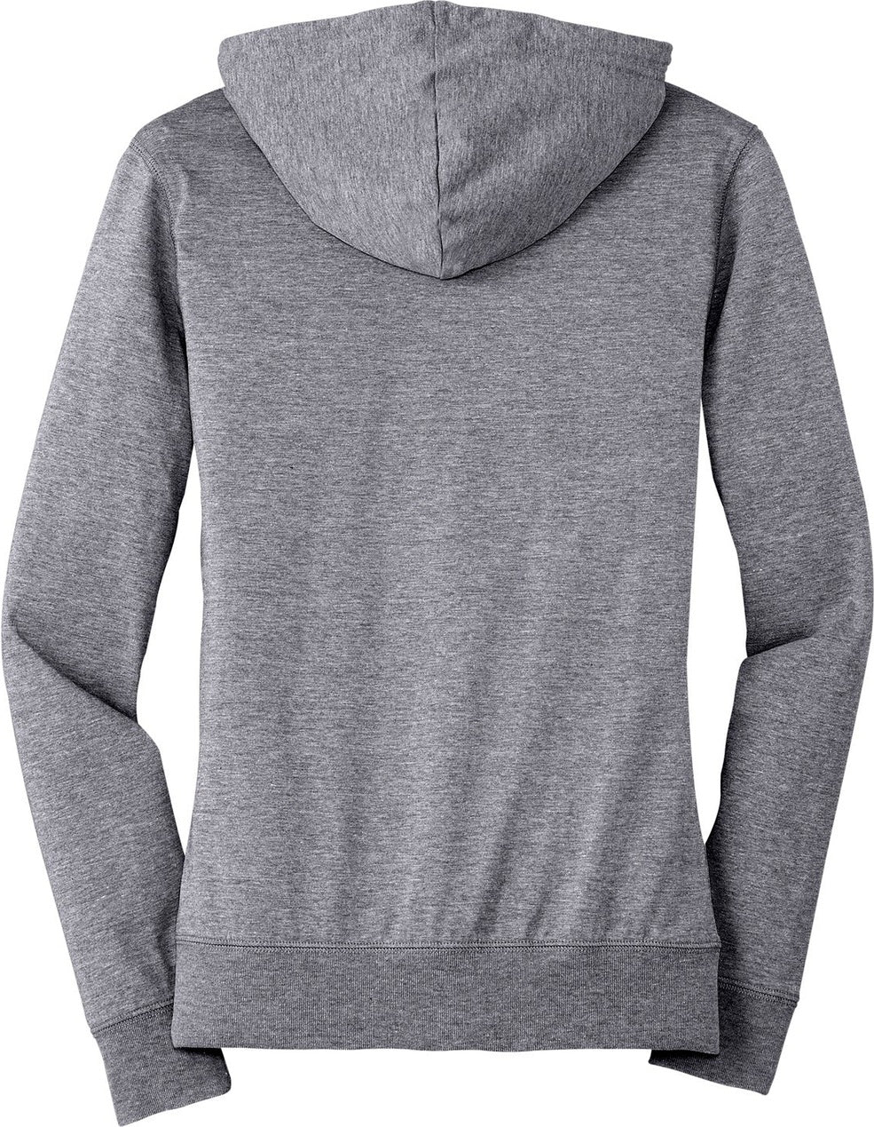 Rear View of Dk Hthr Grey District Women's Fitted Jersey Full-Zip Hoodie. DT2100