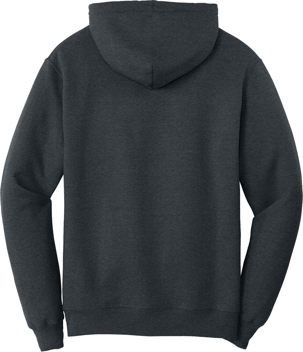 Rear View of Dk Hthr Grey Port & Co Core Fleece Pullover Hooded Sweatshirt. PC78H