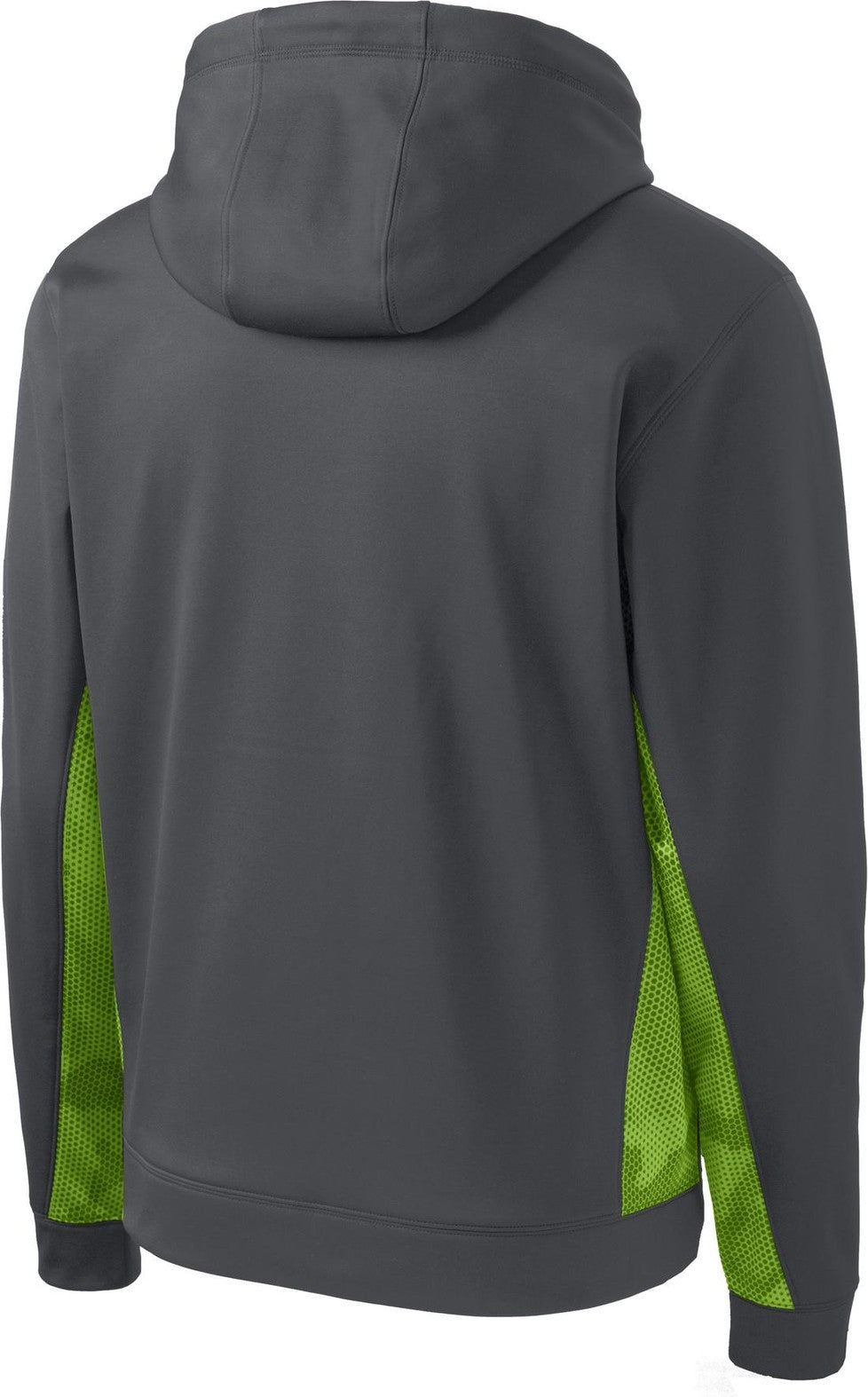 Rear View of Dk Sm Gry/Lime Sport-Tek Sport-Wick CamoHex Fleece Colorblock Hooded Pullover. ST239