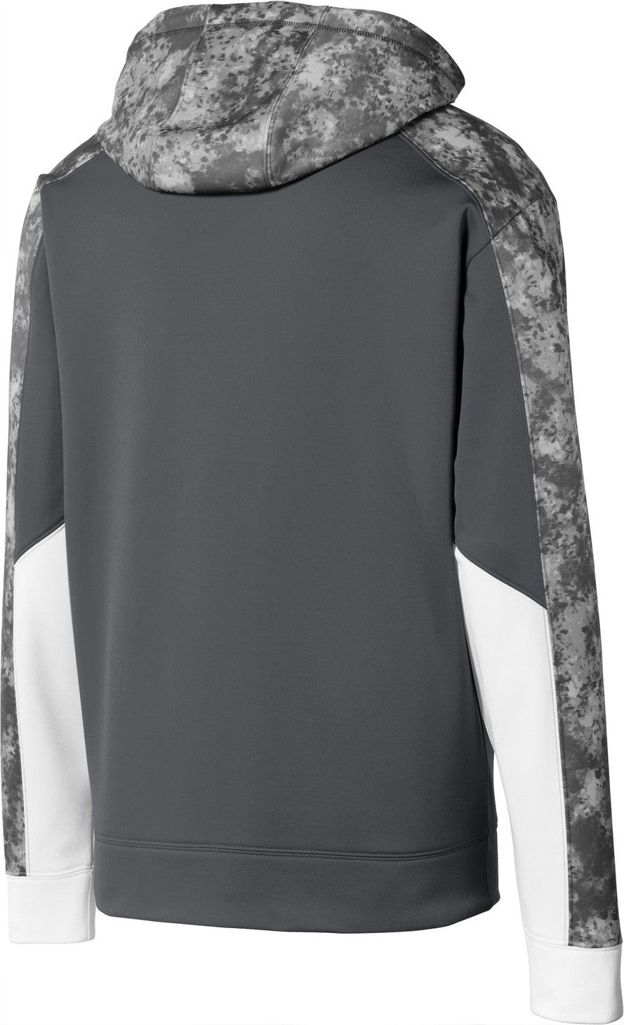 Front View of Dk Sm Gy/DS Gy Sport-Tek Youth Sport-Wick Mineral Freeze Fleece Colorblock Hooded Pullover. YST231