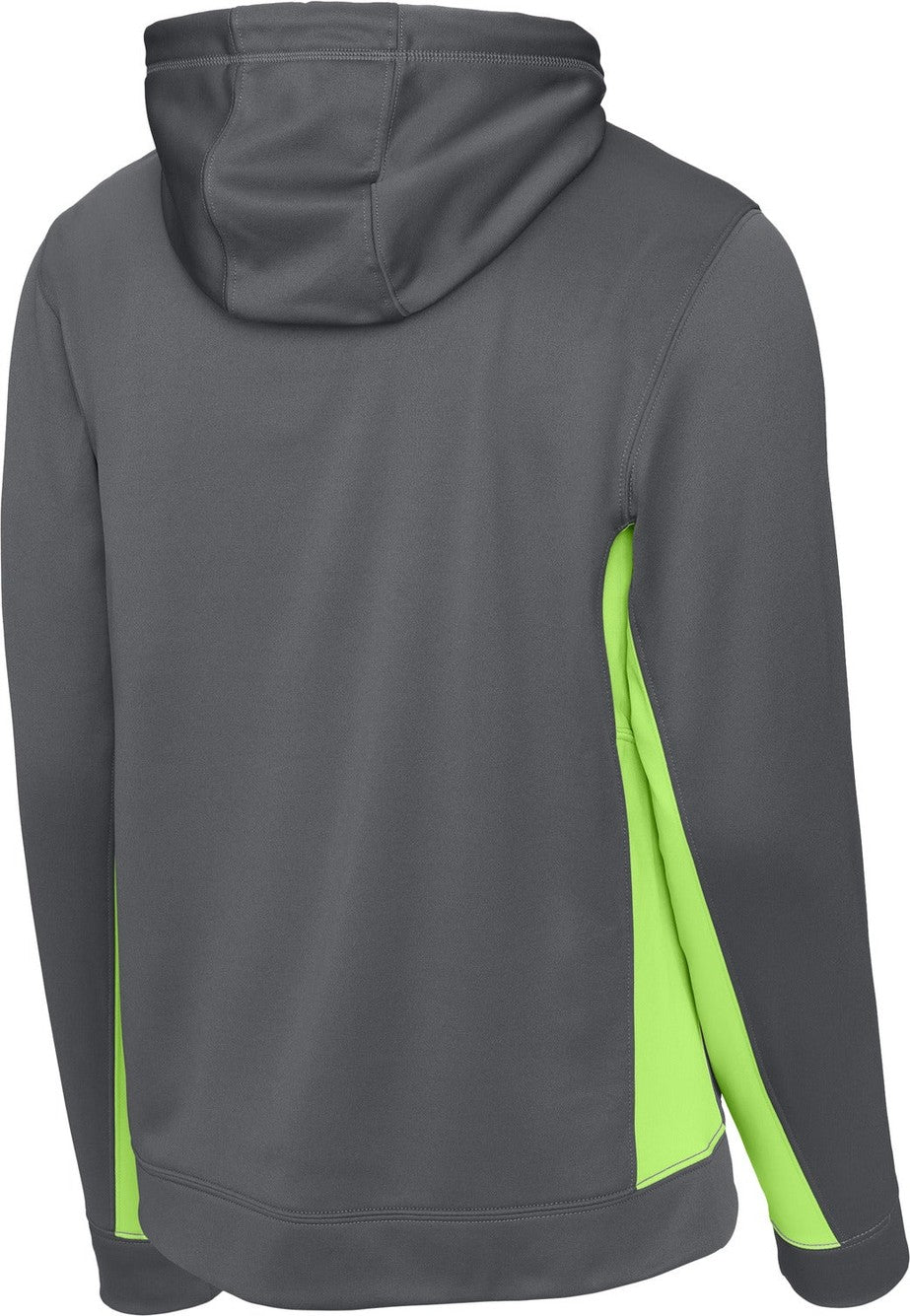 Front View of Dk Smk Gry/Lim Sport-Tek Sport-Wick Fleece Colorblock Hooded Pullover. ST235