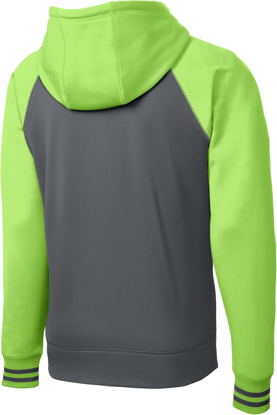 Front View of Dk Smk Gry/Lim Sport-Tek Sport-Wick Varsity Fleece Full-Zip Hooded Jacket. ST236