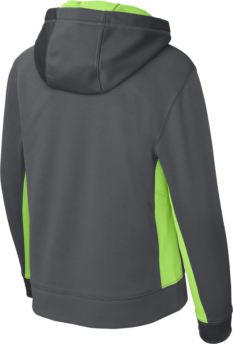 Front View of Dk Smk Gry/Lim Sport-Tek Youth Sport-Wick Fleece Colorblock Hooded Pullover. YST235