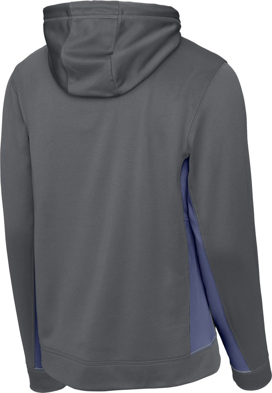 Front View of Dk Smk Gry/Nvy Sport-Tek Sport-Wick Fleece Colorblock Hooded Pullover. ST235