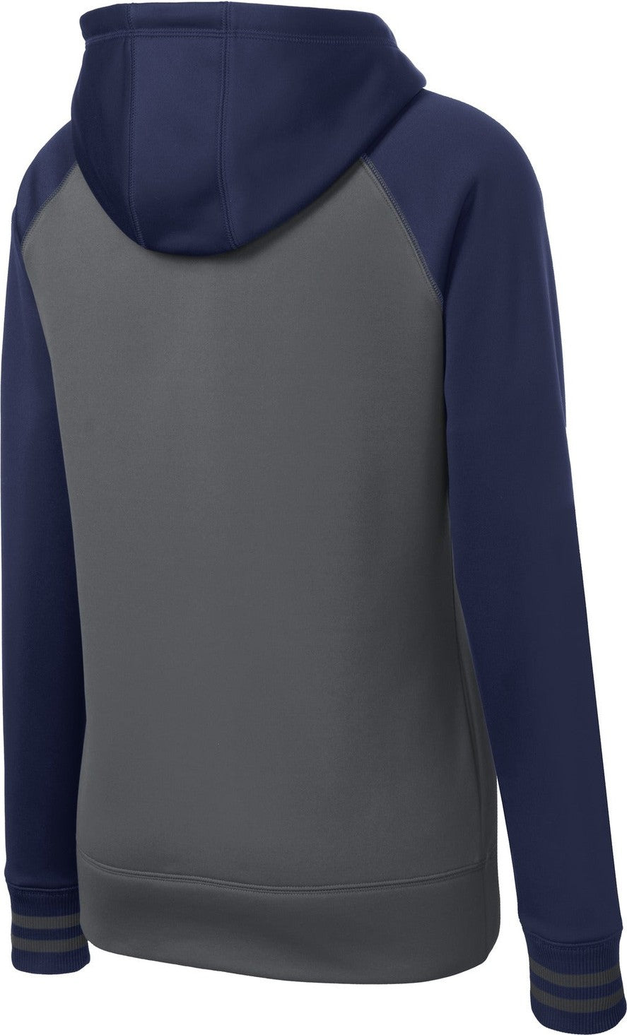 Front View of Dk Smk Gry/Nvy Sport-Tek Women's Sport-Wick Varsity Fleece Full-Zip Hooded Jacket. LST236