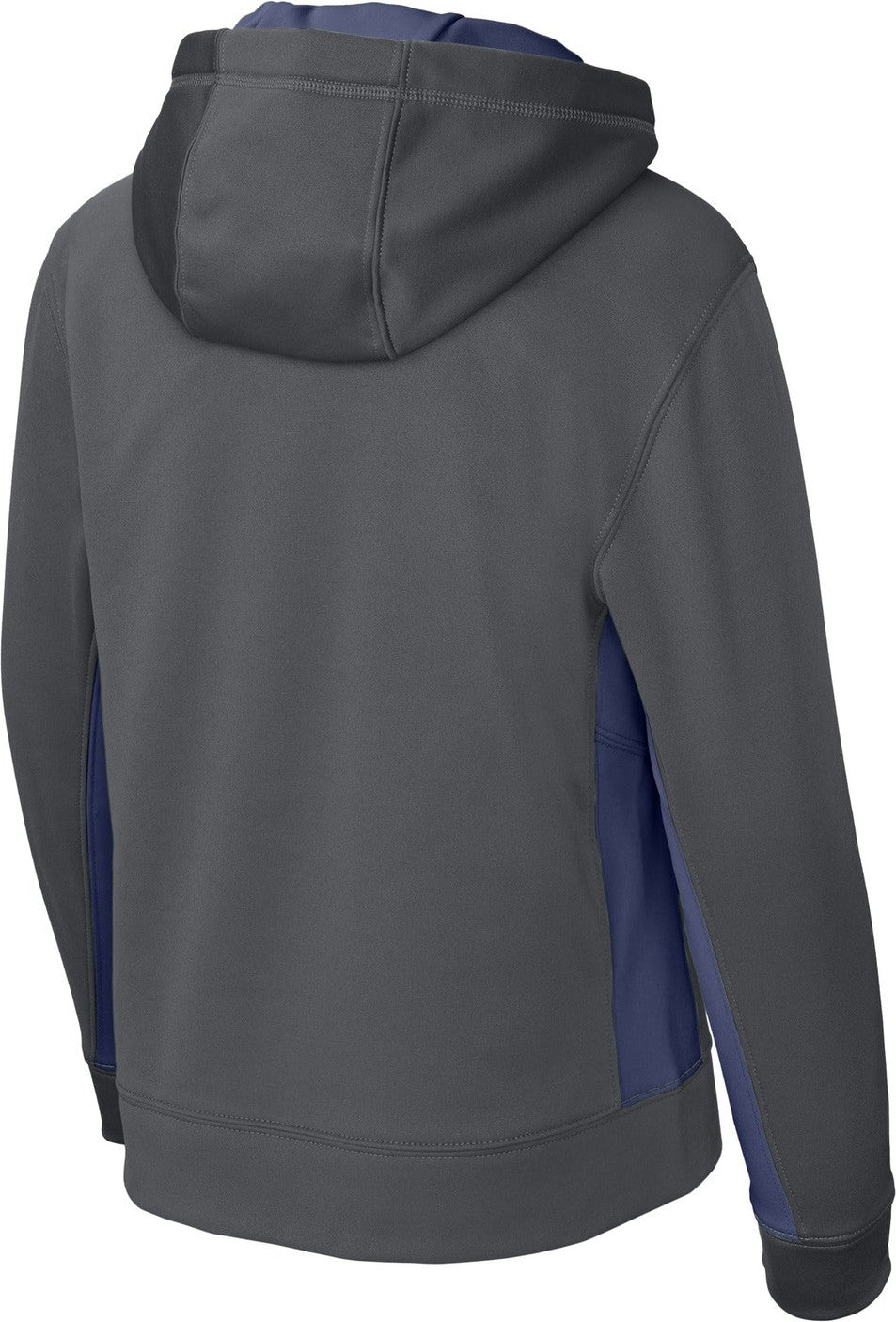 Front View of Dk Smk Gry/Nvy Sport-Tek Youth Sport-Wick Fleece Colorblock Hooded Pullover. YST235