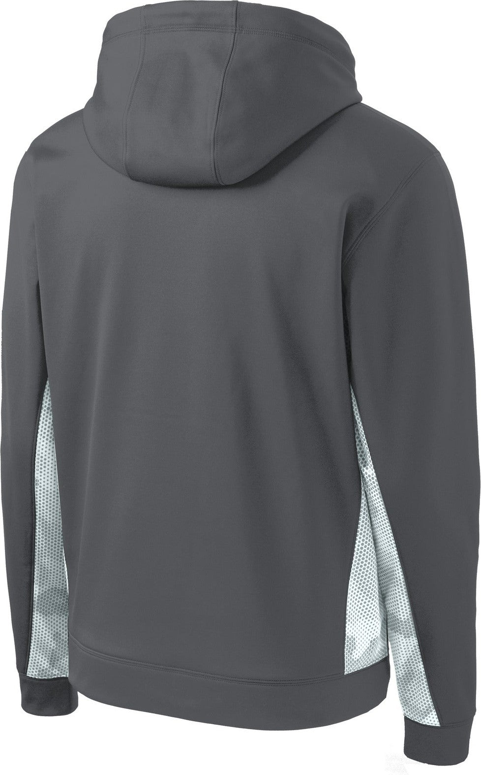 Front View of Dk Smk Gy/Wht Sport-Tek Youth Sport-Wick CamoHex Fleece Colorblock Hooded Pullover. YST239
