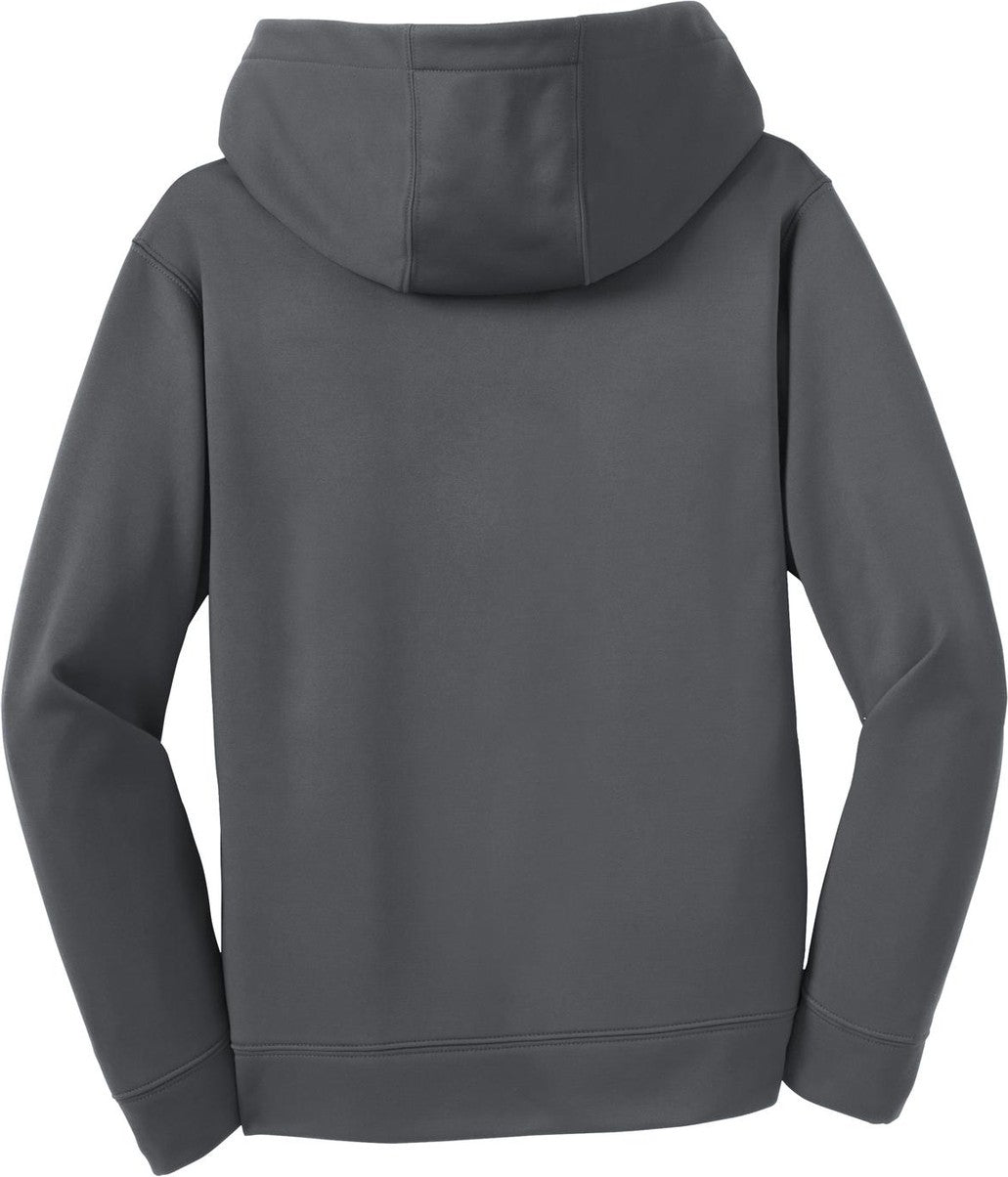 Front View of Dk Smoke Grey Sport-Tek Youth Sport-Wick Fleece Hooded Pullover. YST244