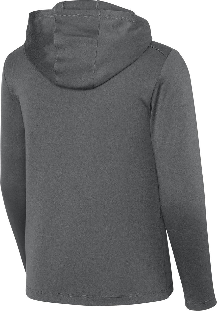 Front View of DkSmkGy Sport-Tek Youth Posi-UV Pro Long Sleeve Hoodie YST420LSH