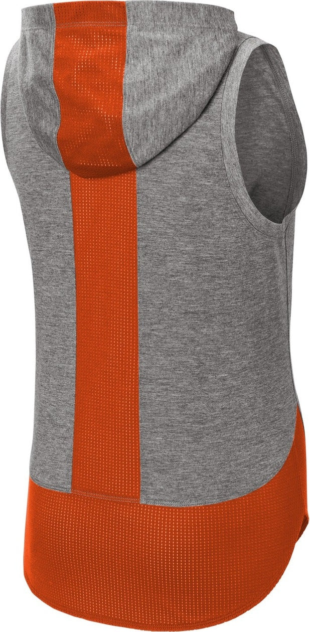 Front View of Dp Or/Dk Gy He Sport-Tek Women's PosiCharge Tri-Blend Wicking Draft Hoodie Tank. LST410