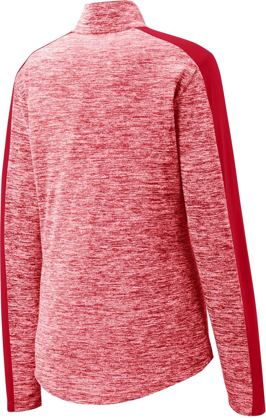 Rear View of Dp Red E/Dp Rd Sport-Tek Women's PosiCharge Electric Heather Colorblock 1/4-Zip Pullover. LST397