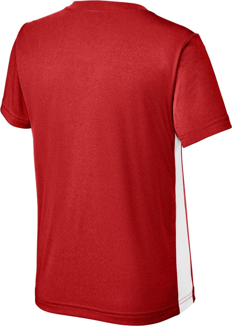 Rear View of DpRd/Wht Sport-Tek Youth Competitor United V-Neck YST101