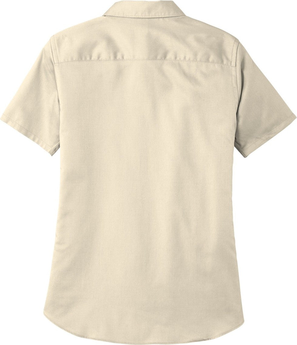 Front View of Ecru Port Authority Women's Short Sleeve SuperPro React Twill Shirt. LW809