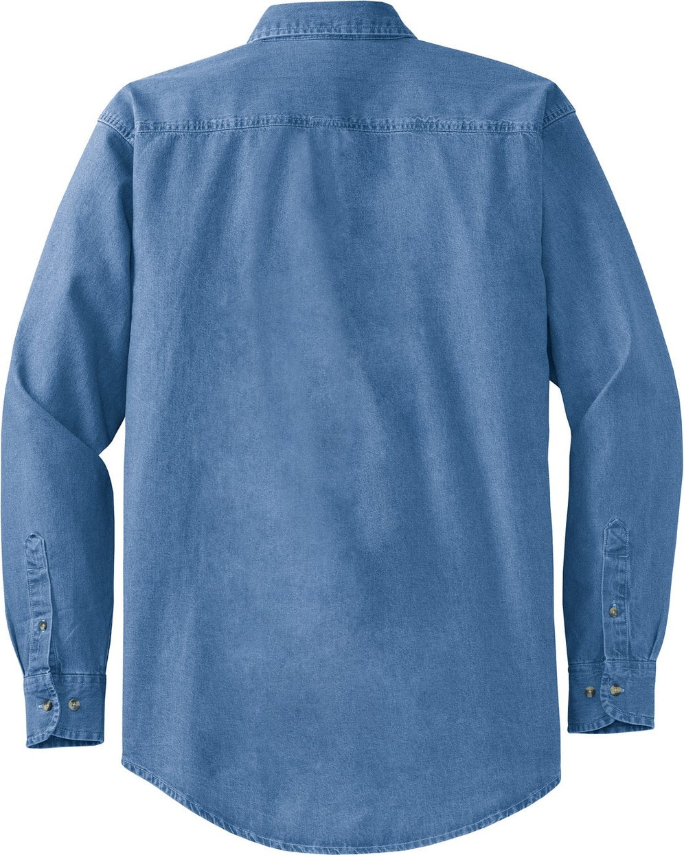 Rear View of Faded Denim Port Authority Tall Long Sleeve Denim Shirt. TLS600
