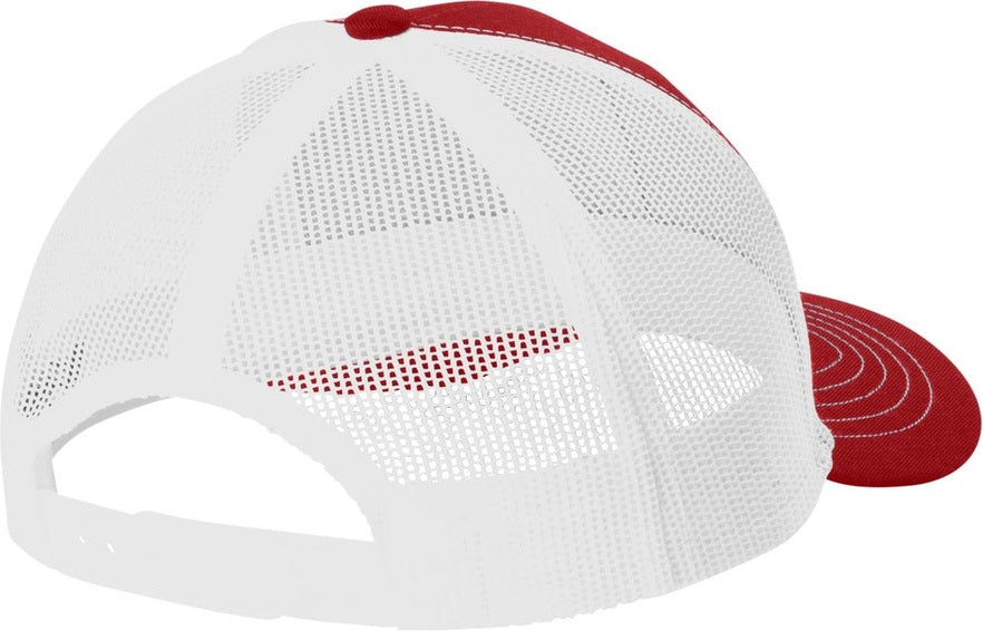 Rear View of FlameRd/Wh Port Authority Youth Snapback Trucker Cap YC402