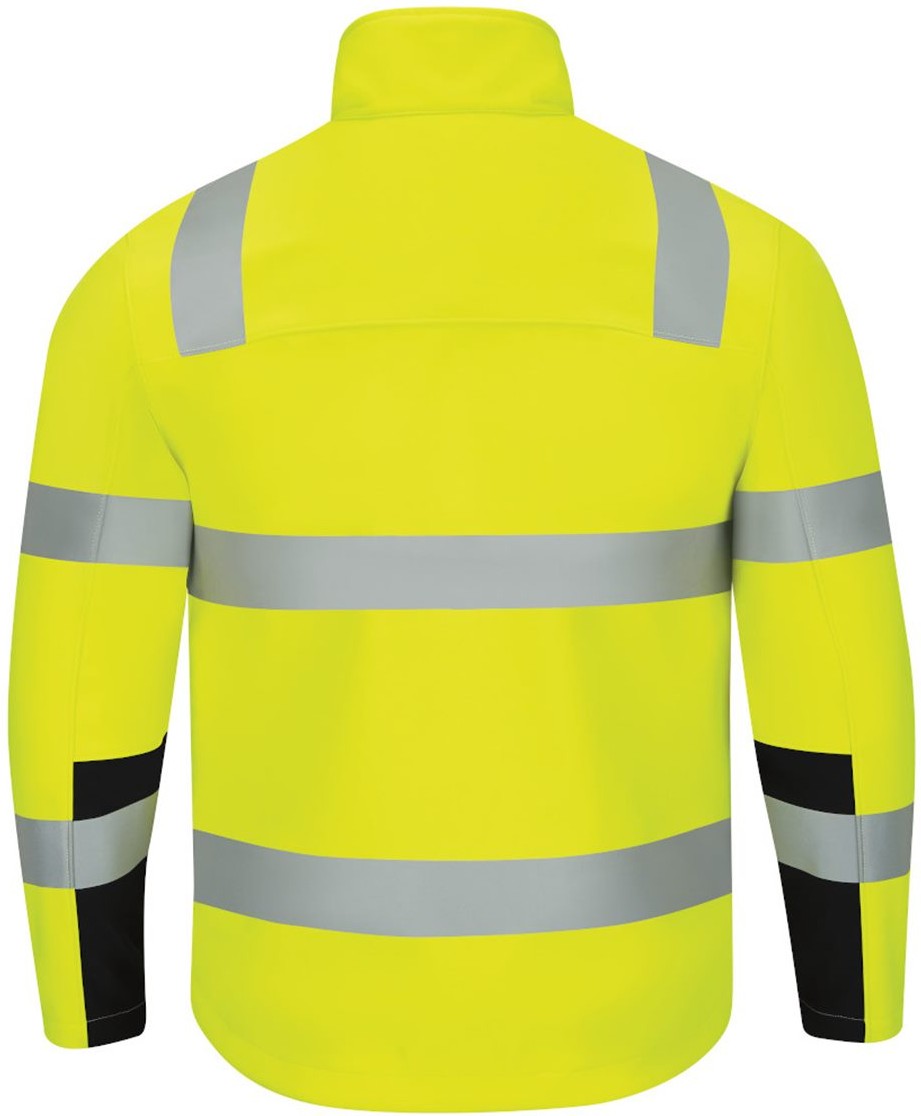 Rear View of Fluorescent Yellow/ Black Hi-Visibility Soft Shell Jacket - JY34