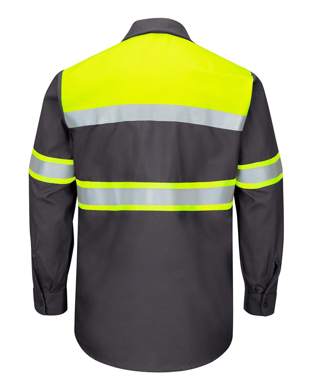 Front View of Fluorescent Yellow/ Charcoal Hi-Visibility Colorblock Ripstop Long Sleeve Work Shirt - Tall Sizes - SY70T